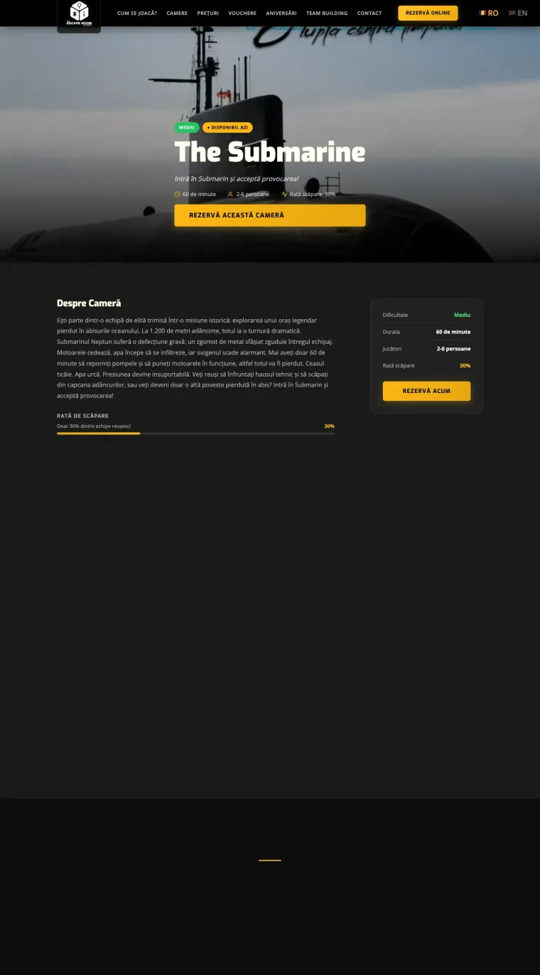 theescaperoom.ro, the home page: a structure built on booking intent